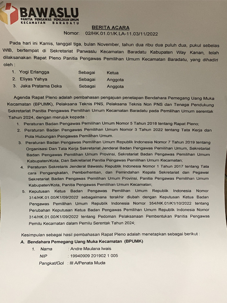 Berita Acara Pleno Staf Panwascam Baradatu | PDF