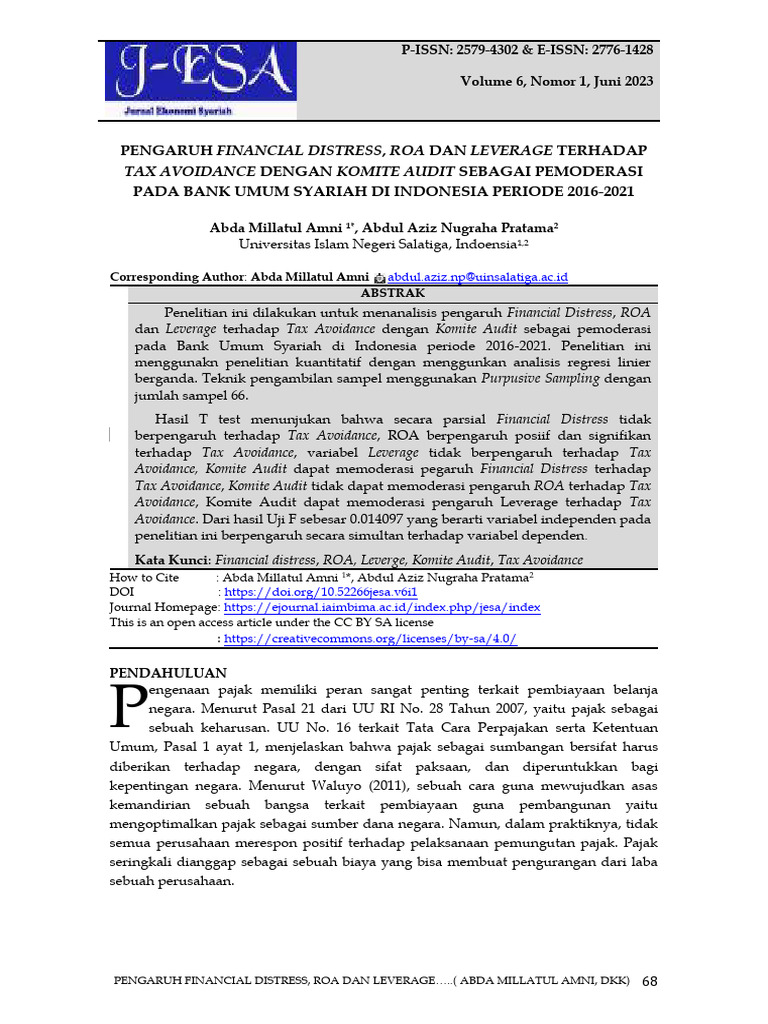 Pengaruh Financial Distress dan ROA pada Tax Avoidance | PDF
