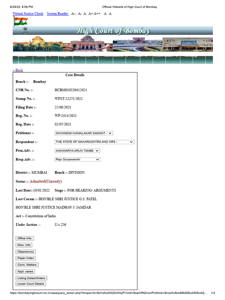 Bombay High Court Case Status Details | PDF