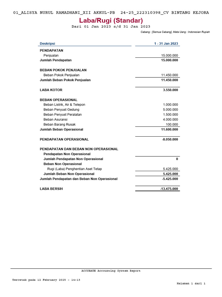 Laporan Laba Rugi Januari 2023 | PDF