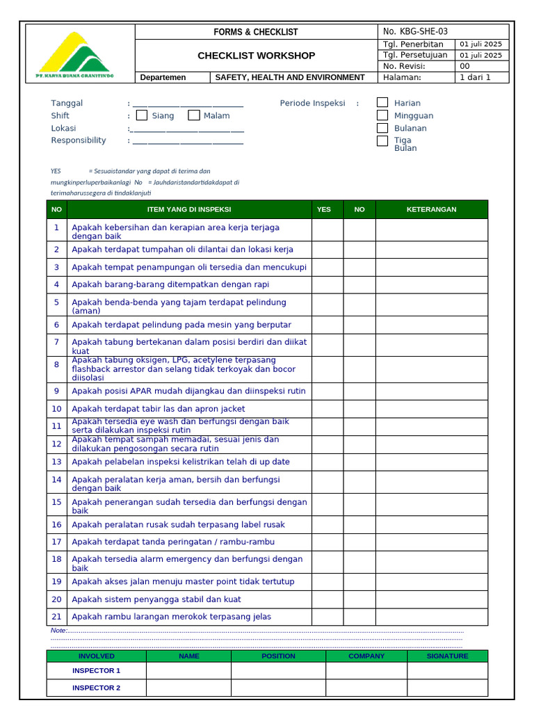 KBG-SHE-03 (Form Inspeksi Workshop) | PDF