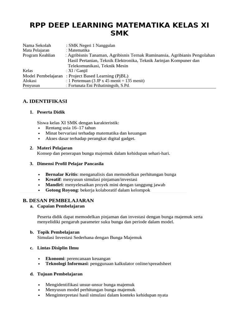 RPP Deep Learning Matematika Kelas Xi SMK (Bunga Tunggal) | PDF