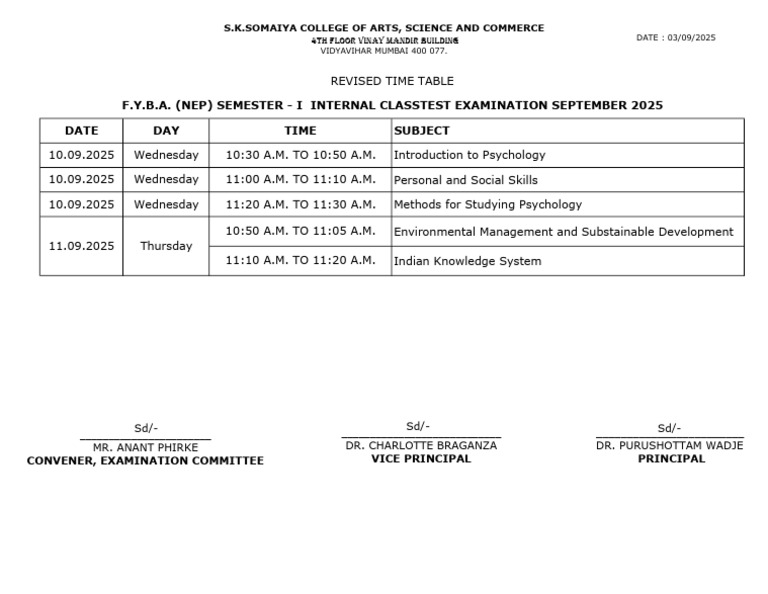 F.Y.B.A. Semester I Test Timetable 2025 | PDF