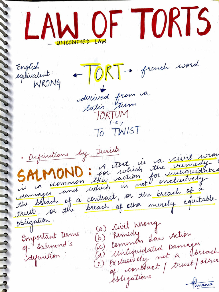 Law of Torts I - Handwritten Notes | PDF