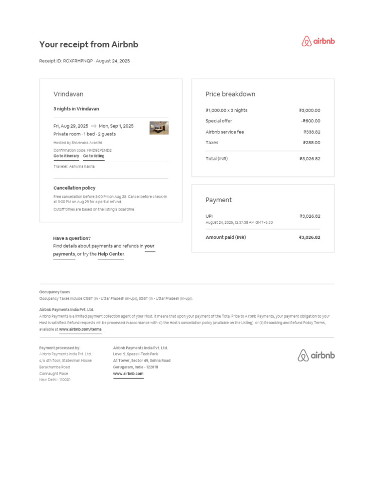 Airbnb Receipt for Vrindavan Stay | PDF | Money | Payments