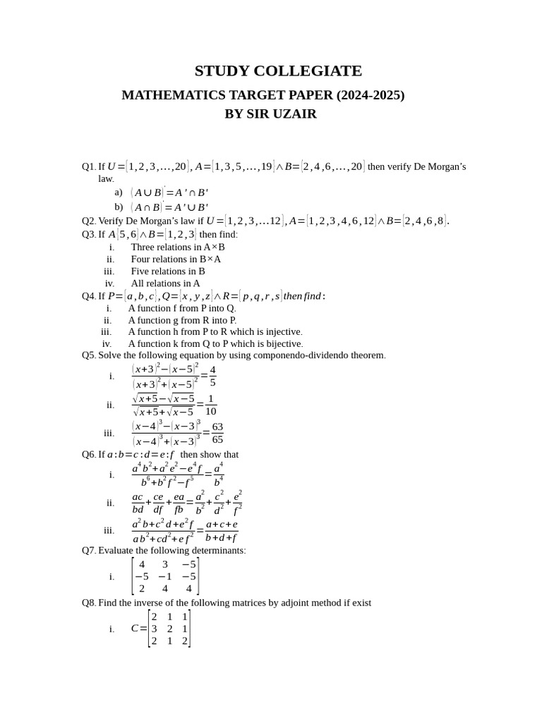 Collegiate Mathematics Target Paper 2024-2025 | PDF | Triangle ...