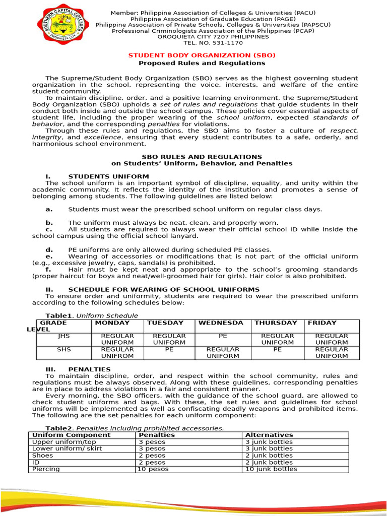 SBO Rules for Student Conduct | PDF
