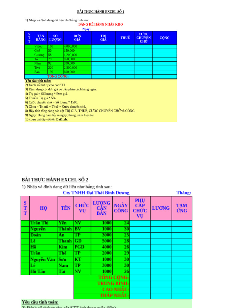 Bai Tap Excel Tu Co Ban Toi Nang Cao - Debai | PDF