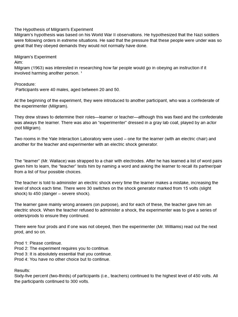 Milgram's Obedience Experiment Overview | PDF | Psychological Concepts ...