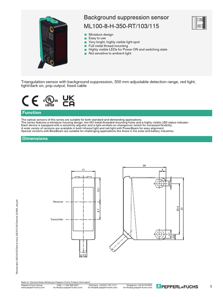 P&F Background Suppression Sensor ML100 | PDF