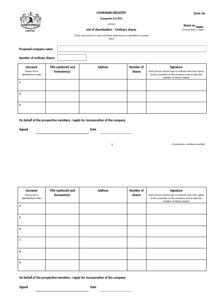Form 1A Company Registration Details | PDF