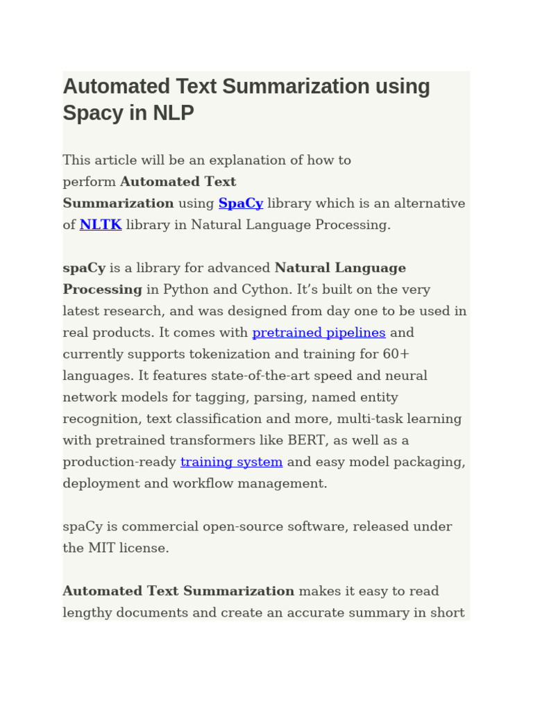 SpaCy Automated Text Summarization Guide | PDF | Parsing | Cognitive ...