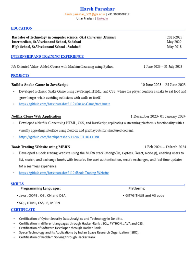 Harsh Parashar: CS Student Portfolio | PDF | Websites | Java Script