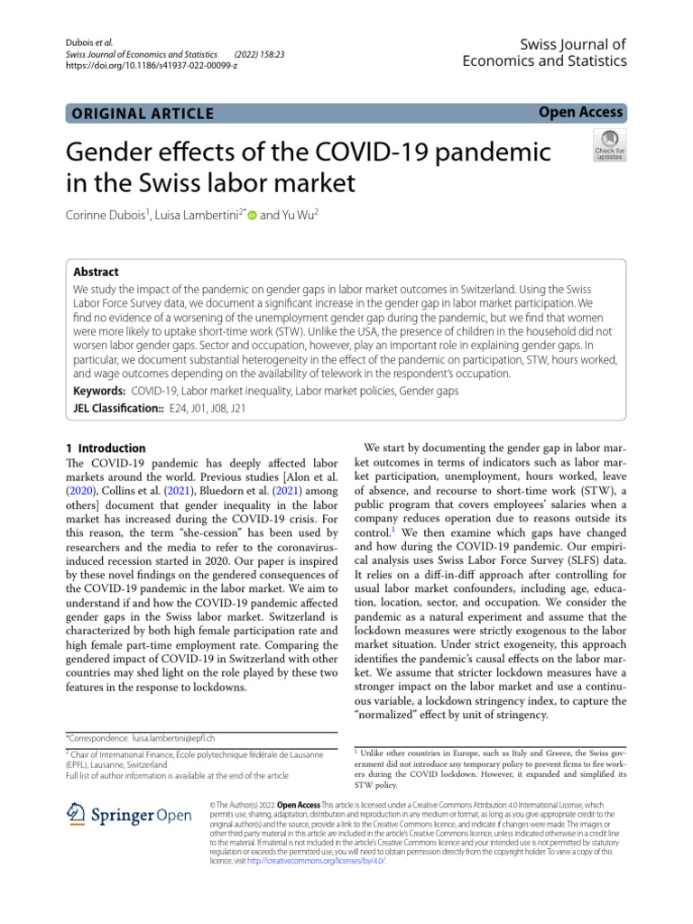 Gender Effects of The COVID-19 Pandemic in The Swiss Labor Market | PDF ...