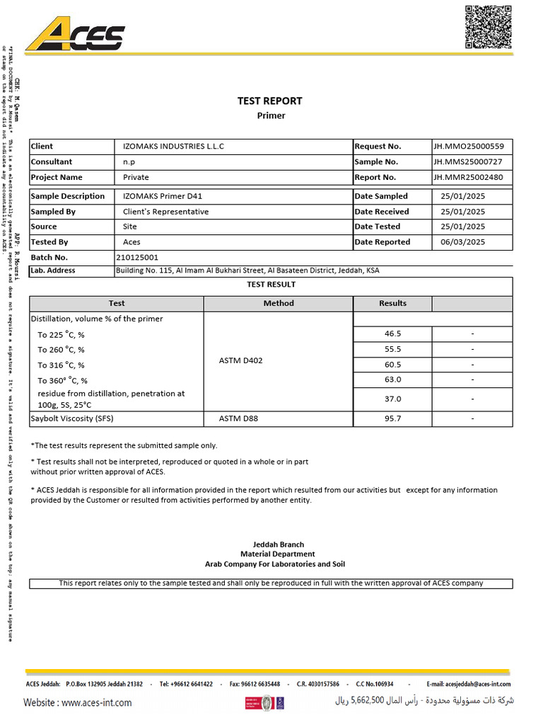 ACES Test Report for IZOMAKS Primer D41 | PDF