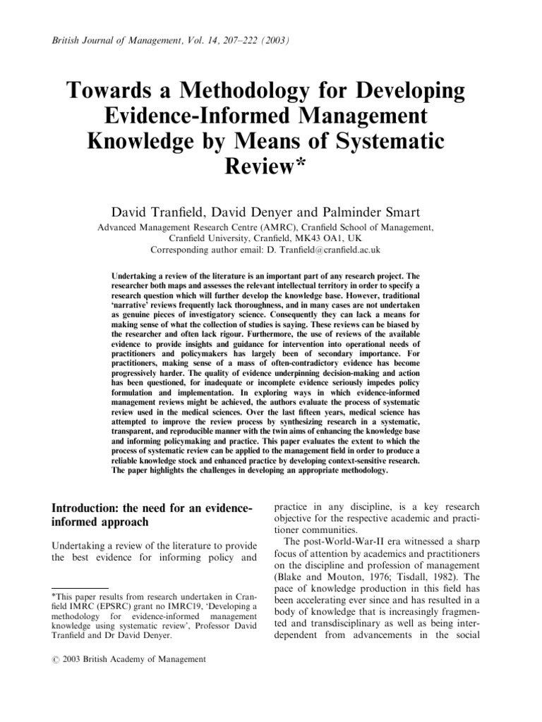 British J of Management - 2003 - Tranfield - Towards A Methodology For ...