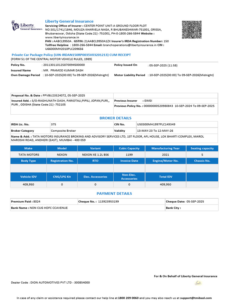 Liberty General Insurance: Private Car Package Policy (UIN ...