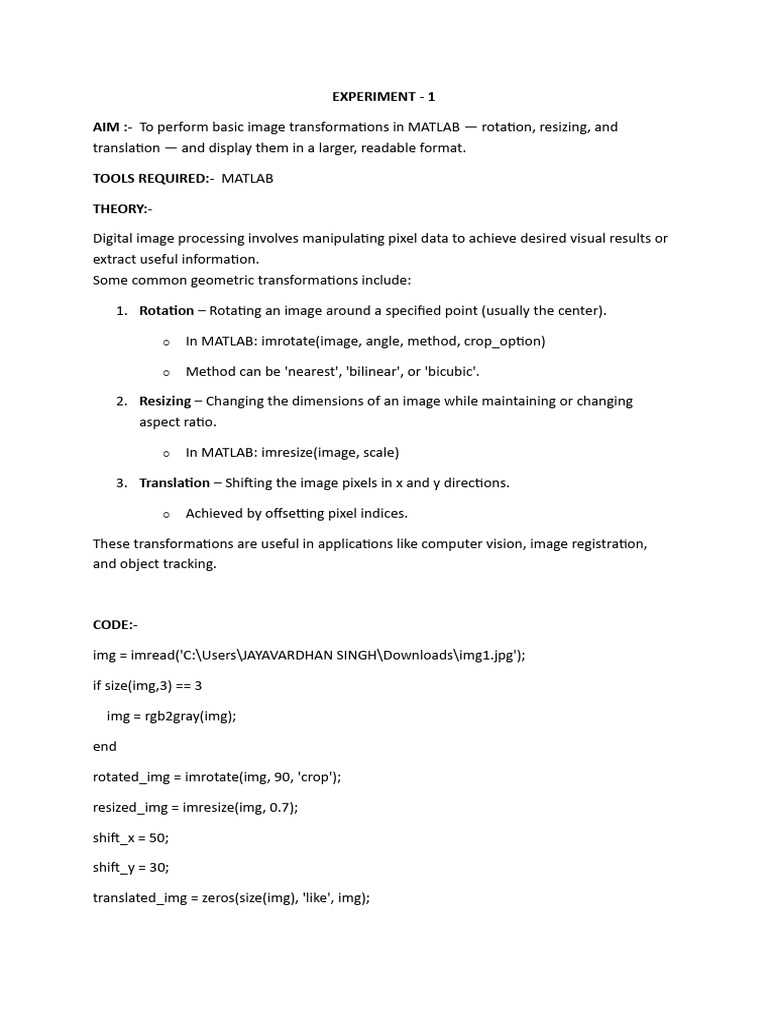 MATLAB Image Transformations Guide | PDF