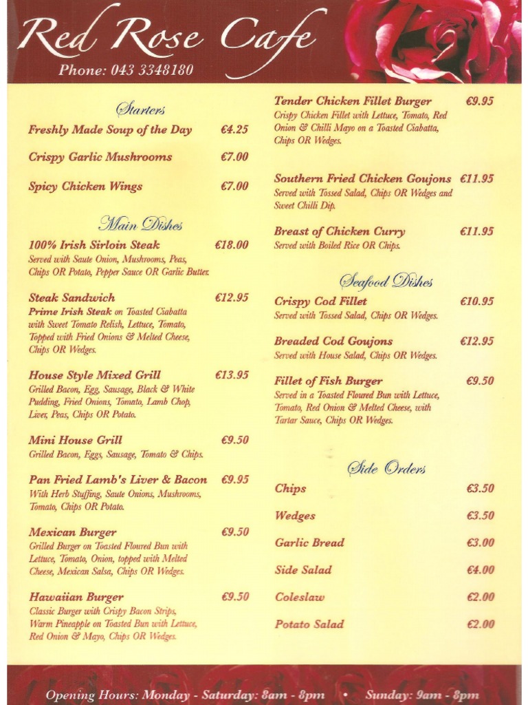 Red Rose Cafe Menu PDF