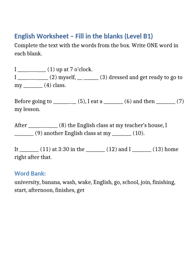 Worksheet Fill in The Blanks B1 | PDF