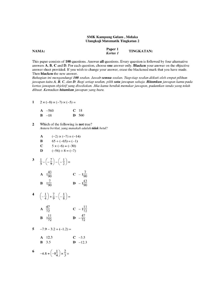 Ulangkaji Math Form 2 | PDF