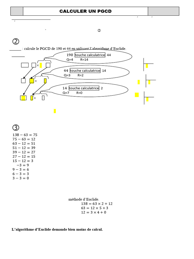 Calcul du PGCD par l'algorithme d'Euclide | PDF | Mathématiques ...