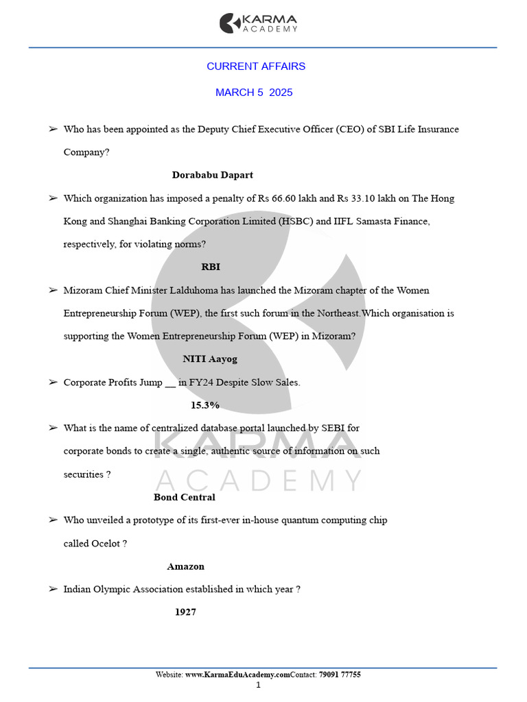 March 2025 Current Affairs Summary | PDF