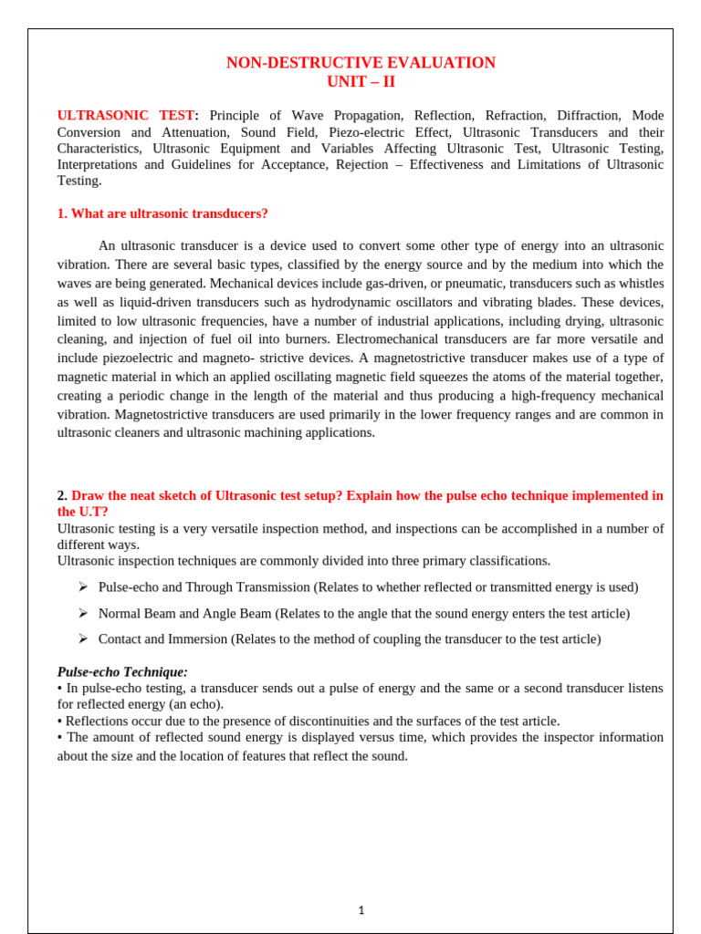 Nde Unit 2 Notes - Ultrasonic Testing | PDF | Waves | Ultrasound
