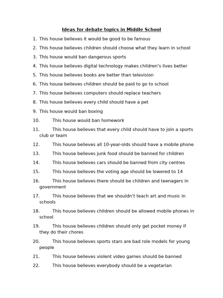 Engaging Debate Topics for Middle School | PDF