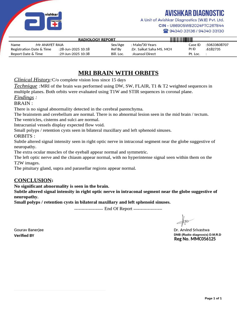 MRI Brain Report: Optic Nerve Neuropathy | PDF