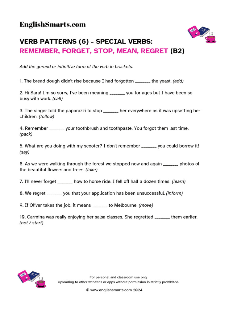 Verb Patterns 6 Remember Forget Stop Mean Regret B2 1 | PDF