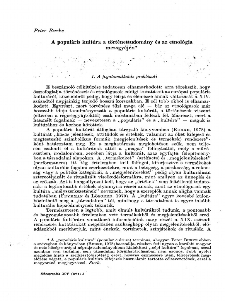 Peter Burke - A Populáris Kultúra A Történettudomány És Az Etnológia | PDF