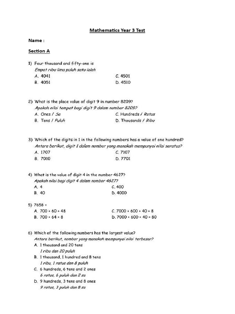 Year 3 Mathematics Test Questions | PDF