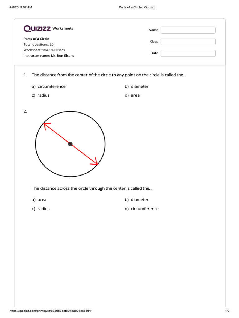 Parts of a Circle Answer Key | PDF | Circle | Diameter
