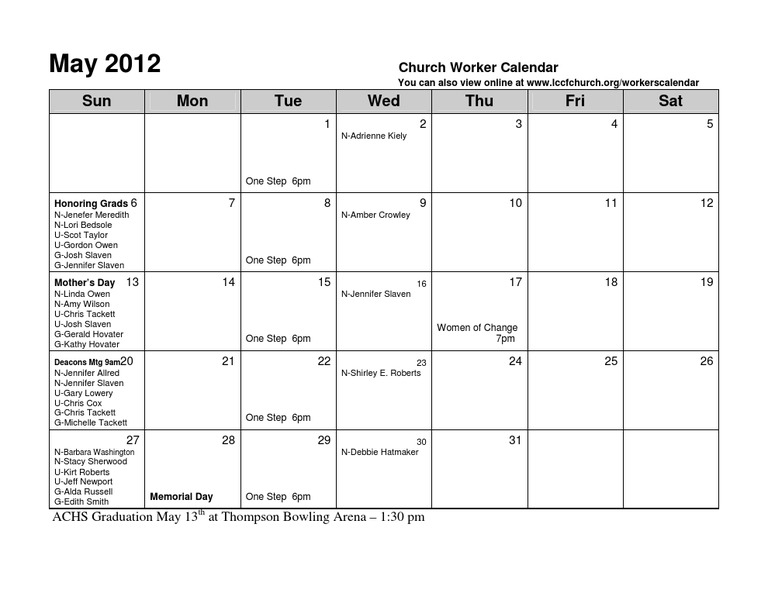 May 2012 Church Worker Calendar | PDF
