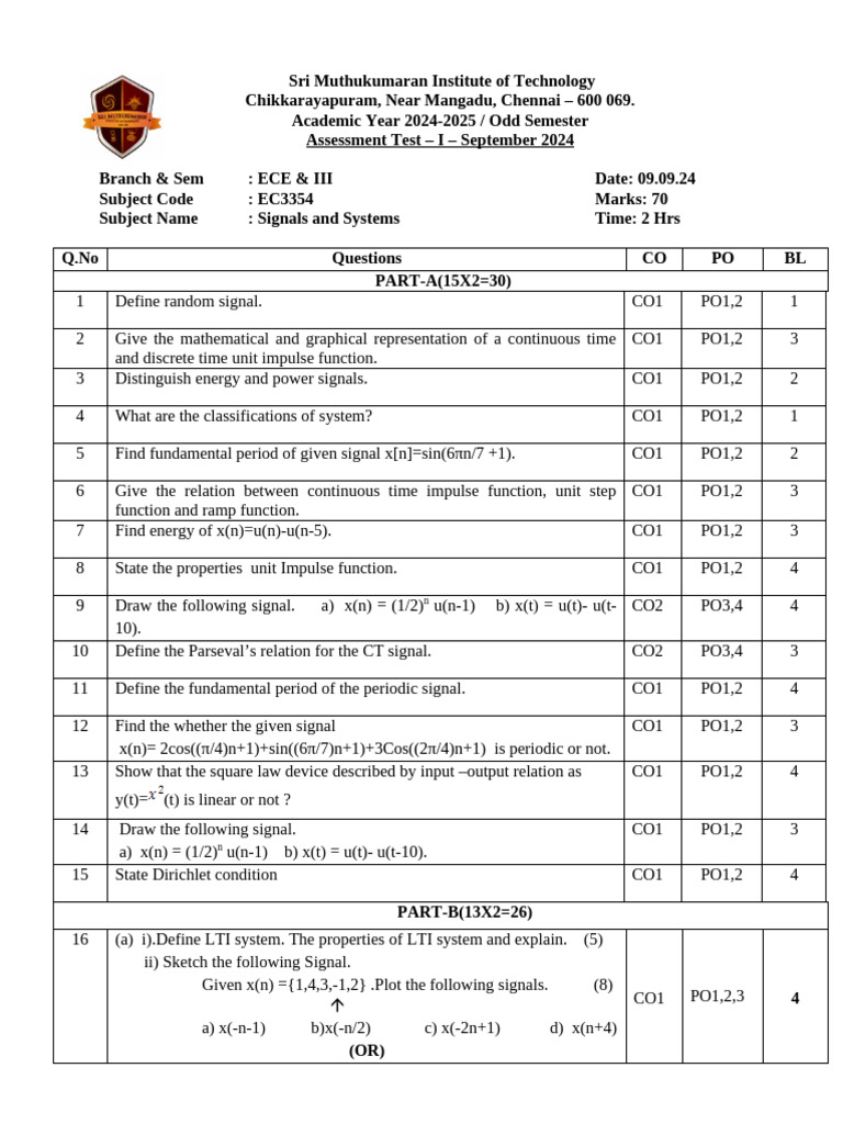 EC3354 Signals and Systems Test 2024 | PDF | Digital Signal Processing ...