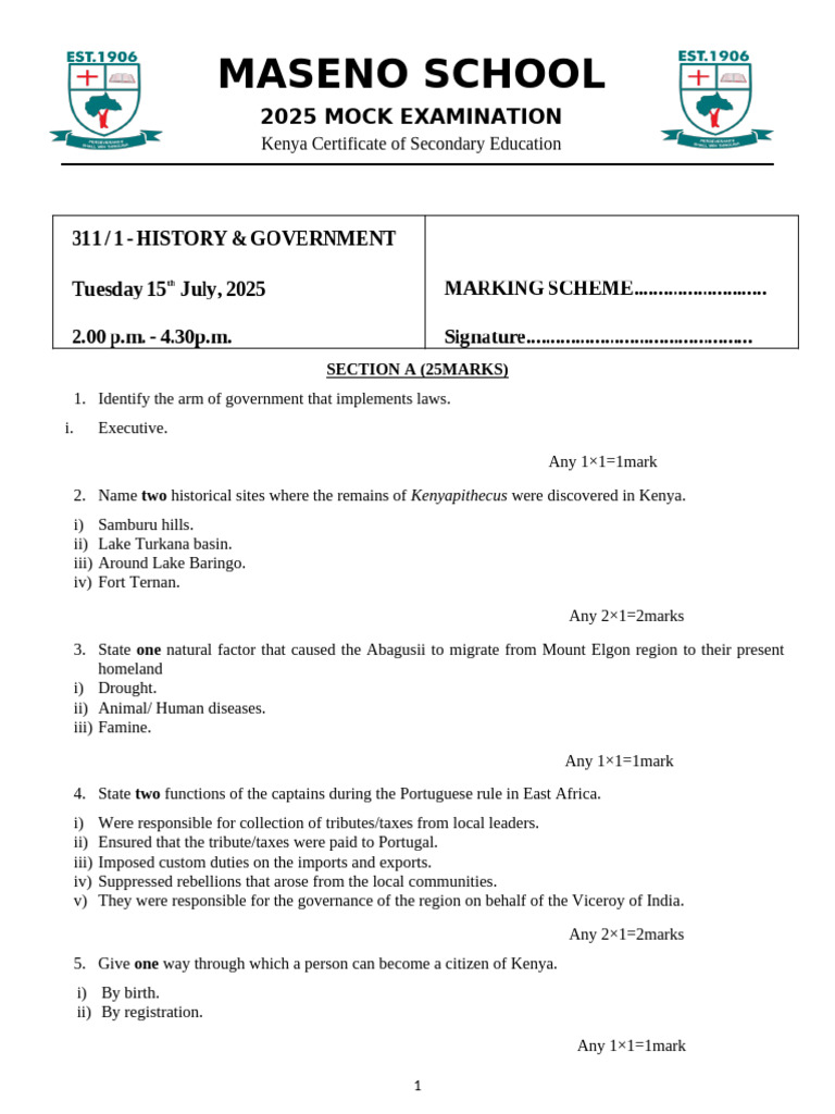 KCSE 2025 History Mock Exam Paper 1 | PDF | Kenya | East Africa