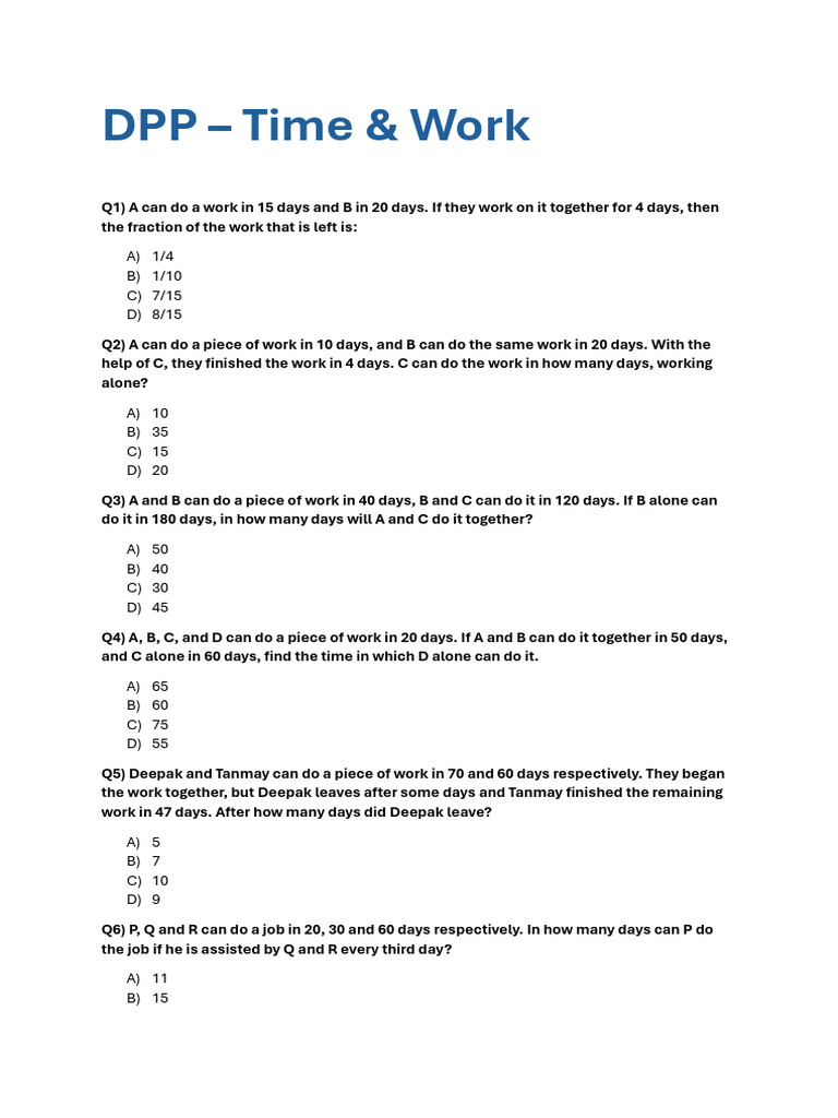 Work and Time Problem Solutions | PDF