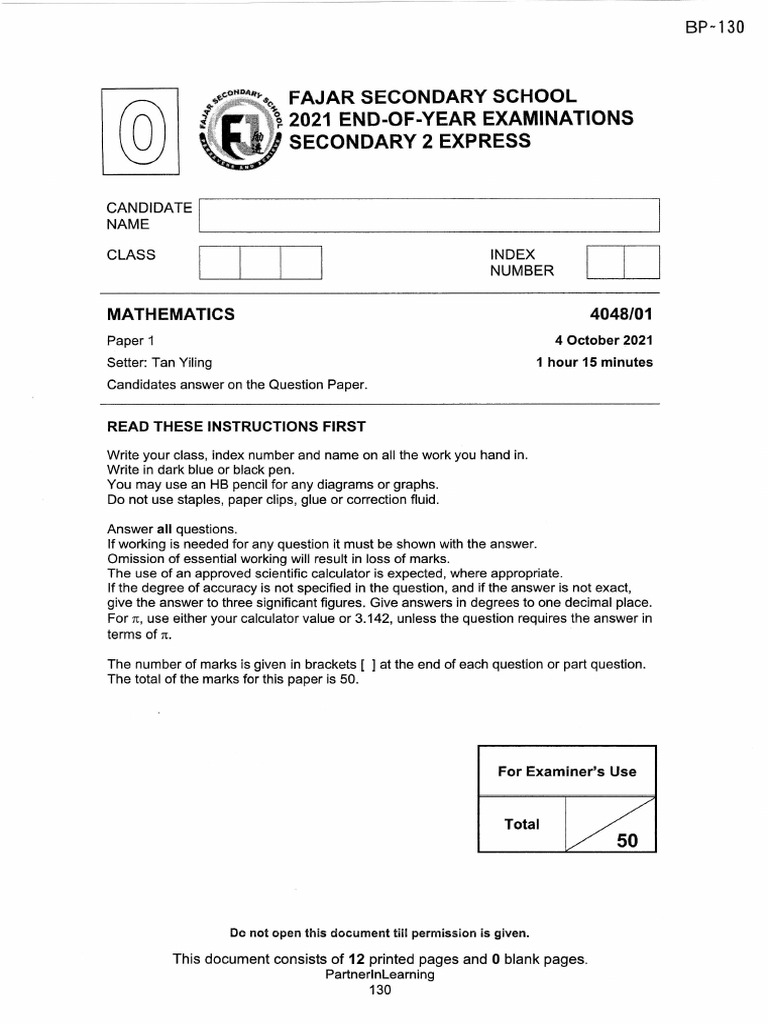 2021 Secondary 2 Express Math Exam | PDF | Area | Force