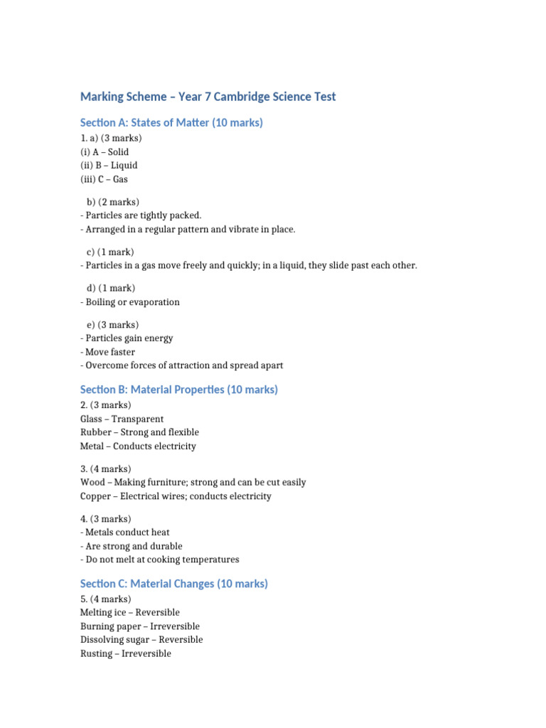 Year 7 Cambridge Science Test Guide | PDF