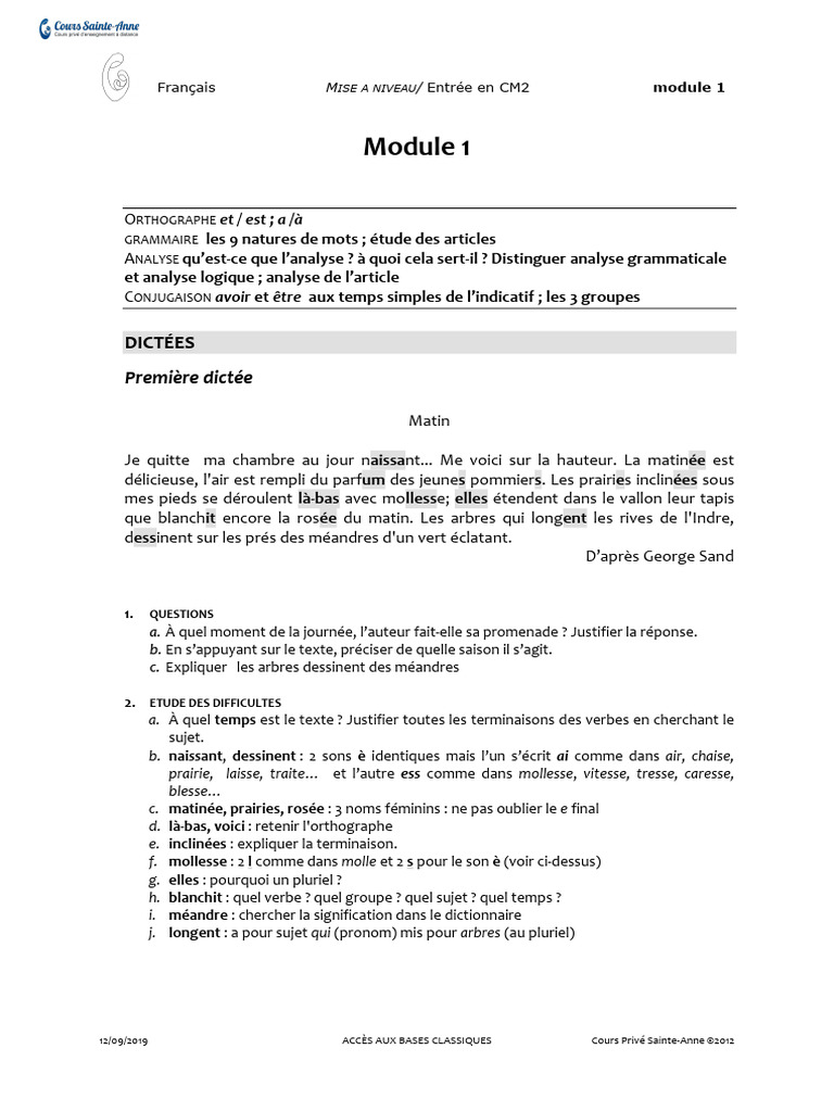 Mise à niveau Français CM2 : Module 1 | PDF | Nature (grammaire ...