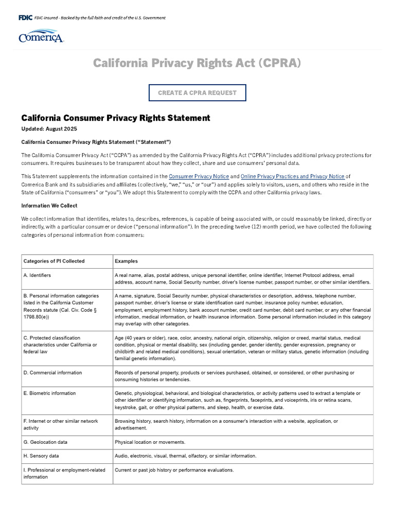 California CPRA Consumer Privacy Statement | PDF | Privacy