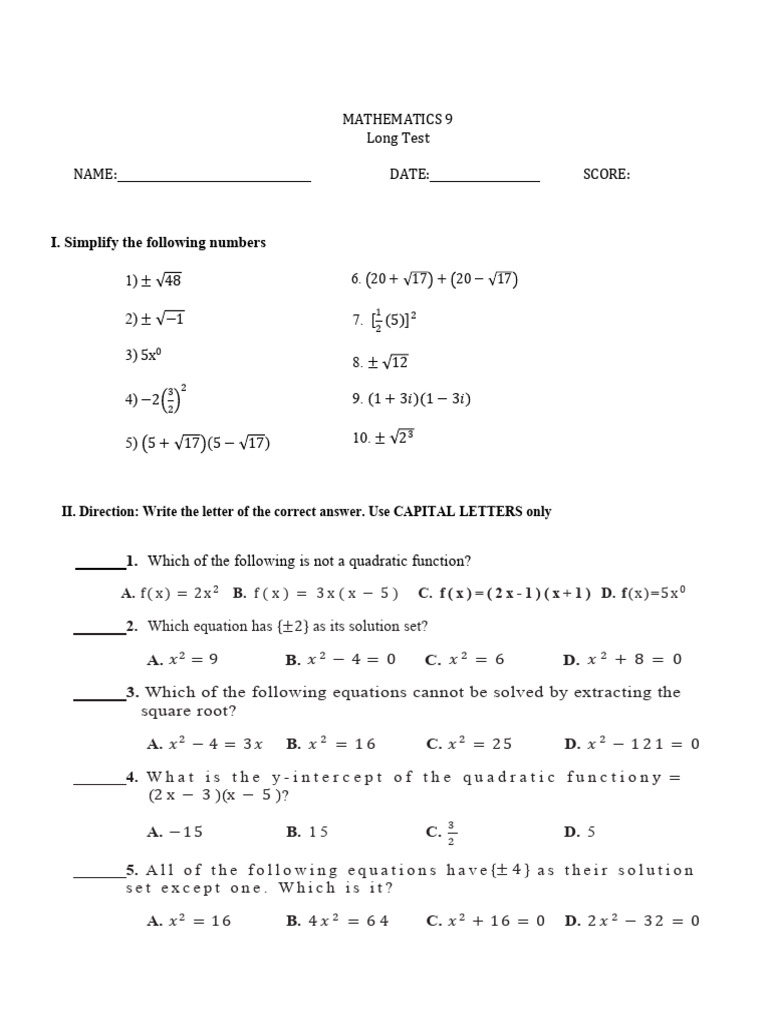 Mathematics 9 Long Test: Quadratics & Functions | PDF | Mathematics ...