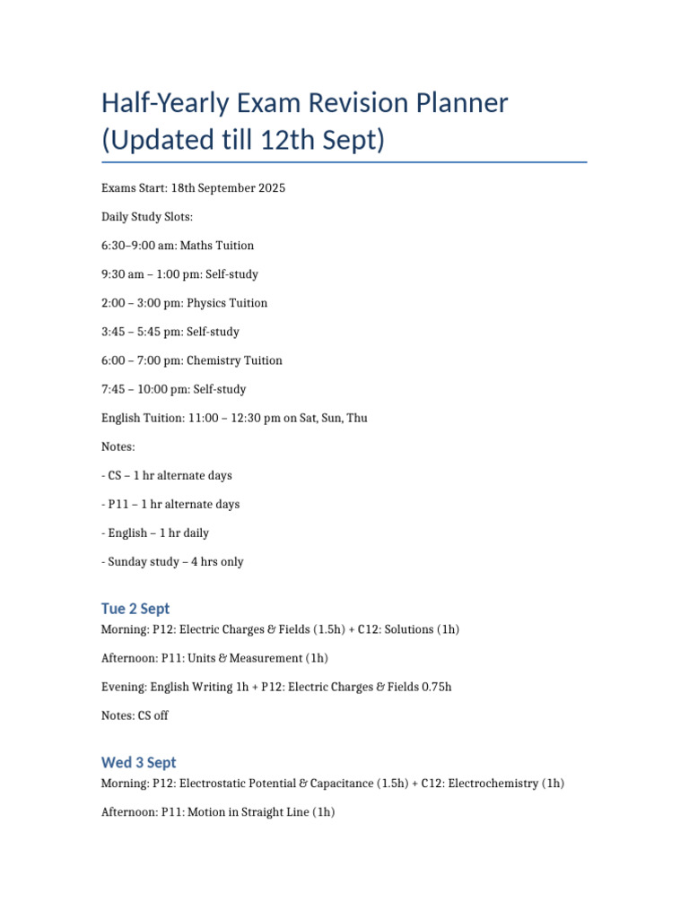 Half-Yearly Exam Study Schedule | PDF | Electricity | Physical Sciences