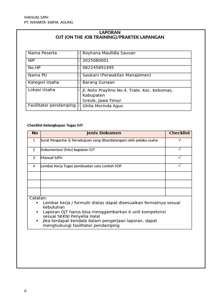 Ojt Fix Checklist Tugas Dan Template Manual Sjph Royhana Rev Ok Pdf