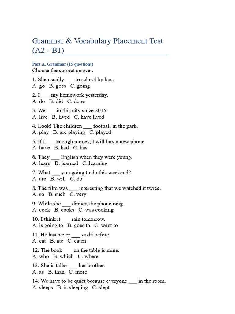 A2-B1 Grammar & Vocabulary Test | PDF