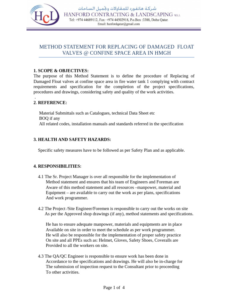 Float Valve Replacement Method Statement | PDF | Personal Protective ...