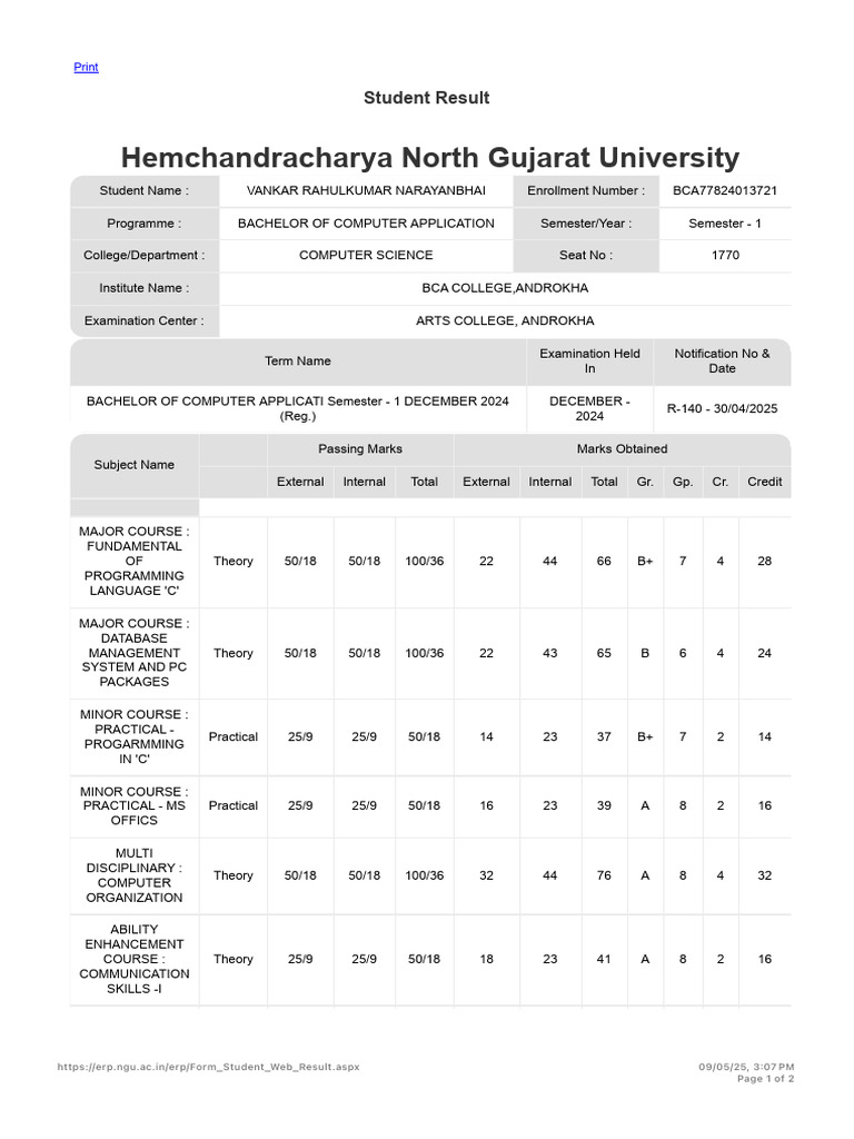 Semester 1 Result: Vankar Rahulkumar | PDF | Computer Programming ...