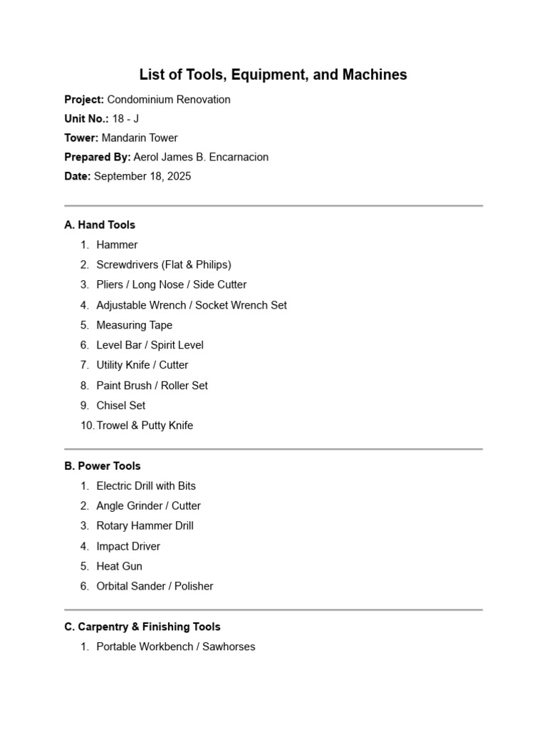 Condominium Renovation Tool List | PDF