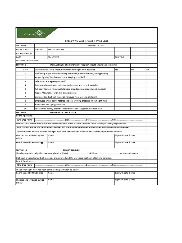 Work at Height Safety Permit Checklist | PDF | Workplace | Working ...